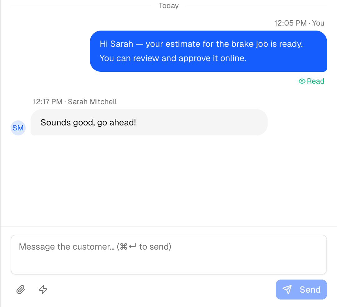 Conversación con un cliente en GarageFlow — presupuesto enviado y aprobado por el cliente